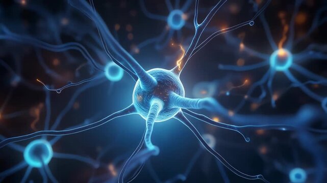 Macro view of a single neuron connected to a vast neural network, with electrical signals igniting and spreading outward in rhythmic pulses.