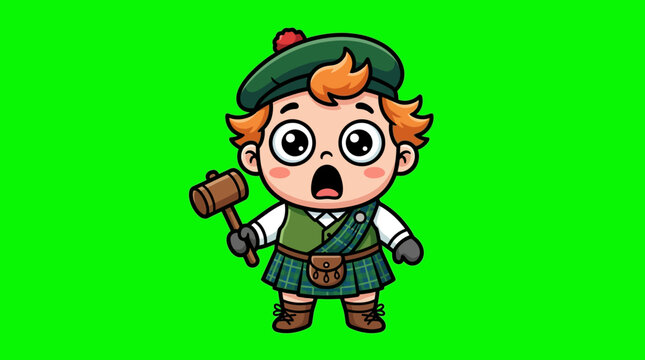 Cartoon Scottish Boy with Hammer and Surprised Expression.