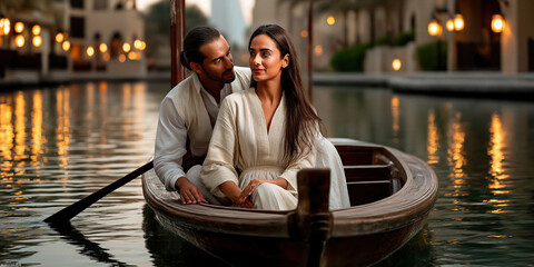 Obraz premium Serene evening cruise on canal. Elegant couple enjoying peaceful boat journey at sunset