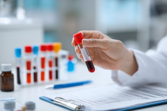 Senior man with tube of blood writing result of test
