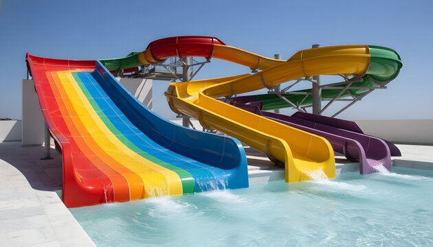 A colorful water slide with rainbow tubes flowing into a clear swimming pool at a luxury summer resort for family leisure entertainment and holiday concept