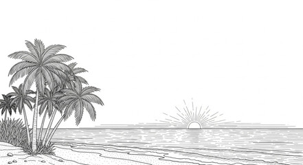 Obraz premium Tropical island beach with palm trees and ocean waves at sunrise.