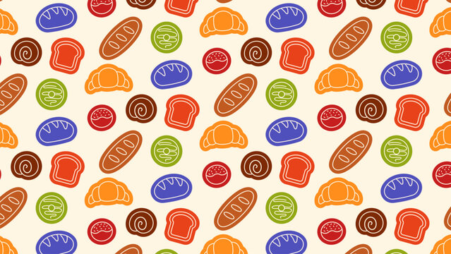 Colorful bakery seamless pattern with flat icons of bread, croissant and donuts on cream background for packaging