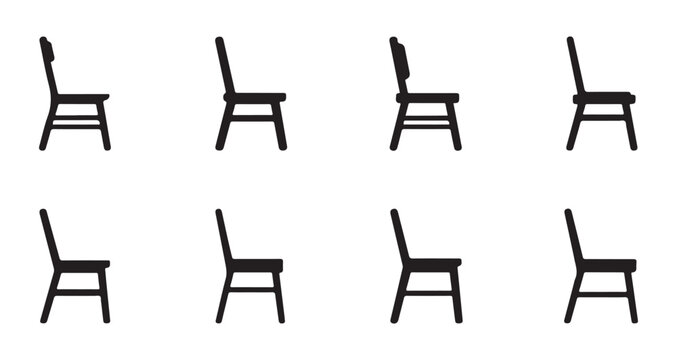 Eight black chair side view icons for furniture design isolated on white background simple and modern.