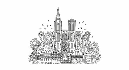 Obraz premium Ornate cathedral facade with surrounding stylized flora and buildings