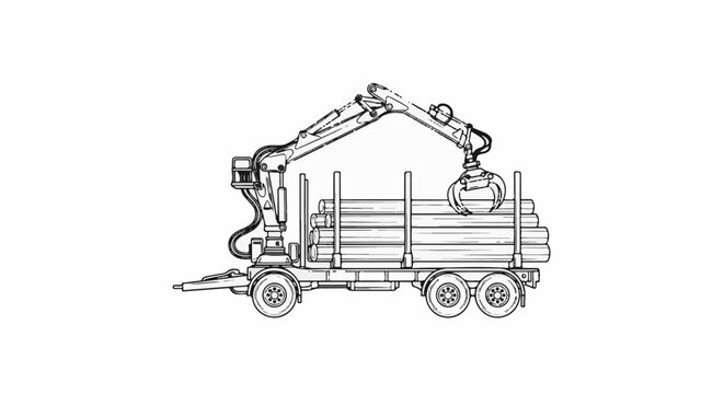 Outline illustration of a logging trailer with a crane loading timber