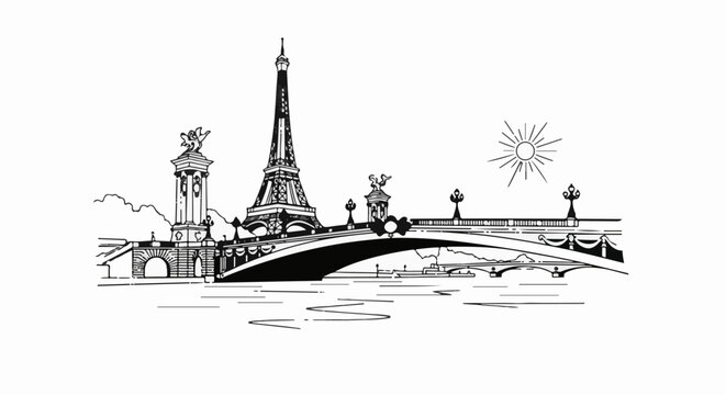 Parisian iconic tower and ornate bridge over a river