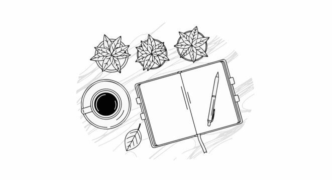 Overhead view of a notebook, pen, coffee cup, and plants on a table