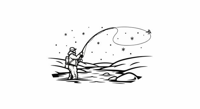 Person fishing in a river during a snowfall