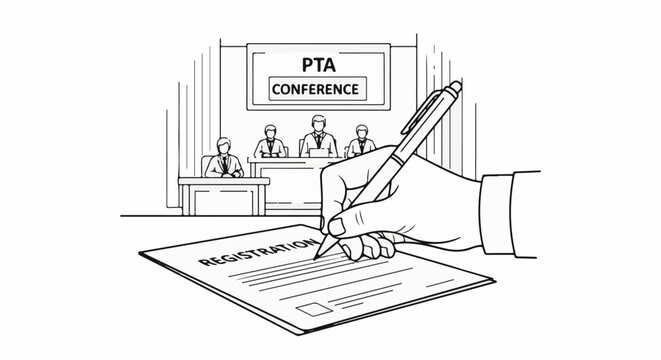 Person registering at a conference with speakers in the background