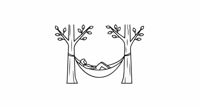 Person relaxing in a hammock strung between two trees with leafy branches