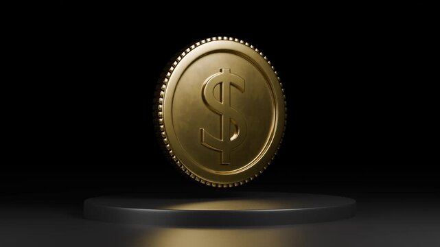 A single gold coin spinning on its axis, showcasing a dollar sign. The elegant gold design suits banking, investment, and financial business presentations perfectly.