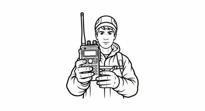 Person with a cap holding a radio transceiver
