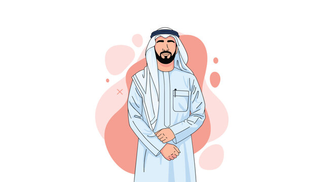 Portrait of an Arab man wearing traditional white thobe and ghutra standing with arms crossed against a soft peach abstract background shape.