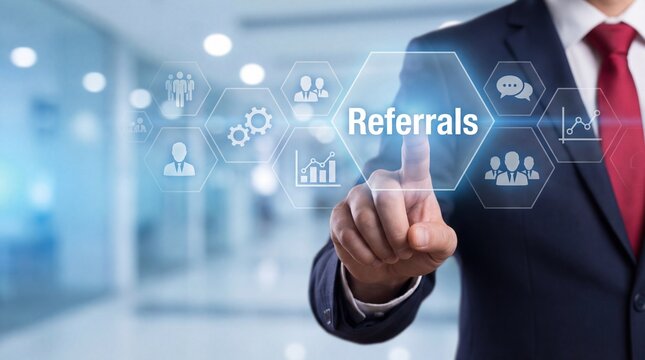 Businessman selecting referrals icon on digital interface in modern office environment