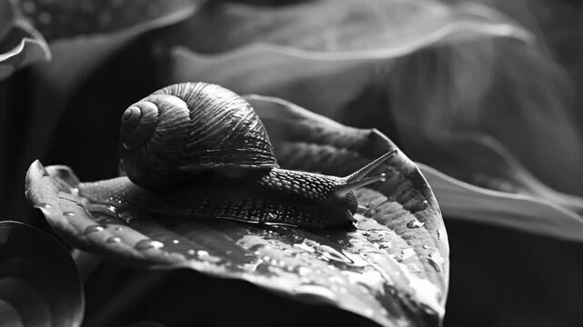 Black and white close up of a snail resting on a wet hosta leaf with nature sounds