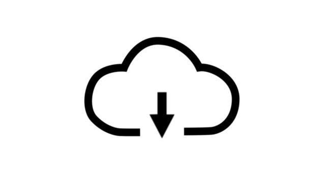 Professional cloud download icon with black outline and downward motion on white background for high-key background removal. 4k animation