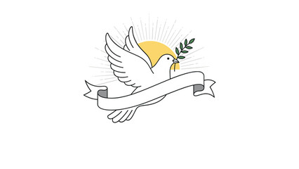Fototapeta premium White dove of peace carries an olive branch with a blank banner for text in front of a glowing yellow sun backdrop.