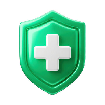3D green shield with white cross isolated on transparent background