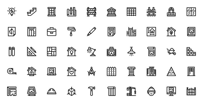 Architecture icon set. Vector symbols collection for design and construction. Includes blueprint, house, bridge, tools, and more. Editable stroke.