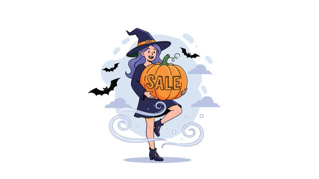 Cheerful young witch with purple hair wearing a black hat and dress dancing while holding a large pumpkin with the word sale.