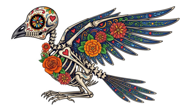 Colorful bird skeleton sugar skull vector floral hearts day of the dead