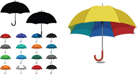 Colorful Umbrella Collection Set Featuring Silhouette, Multicolor and Single Color Designs with Wooden Handle in Flat Vector Style for Rain, Weather and Protection Concepts © kolpona