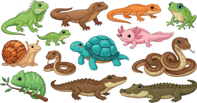 Cute cartoon reptile and amphibian vector collection featuring snake turtle crocodile frog lizard and axolotl for kids design.