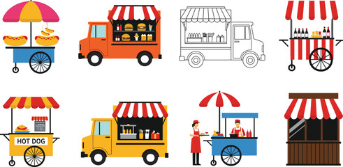 Street Food Cart and Truck Collection Set Featuring Hot Dog, Burger, Beverage and Market Stall Vendor Designs in Colorful Flat Vector Style for Urban Food Business Concepts © kolpona