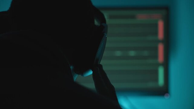 Silhouette of man put on headphones to listen to sound recording in dark room. Hacker working at night listening to wiretapping private conversation audio or investigation by spy agency of illegal act