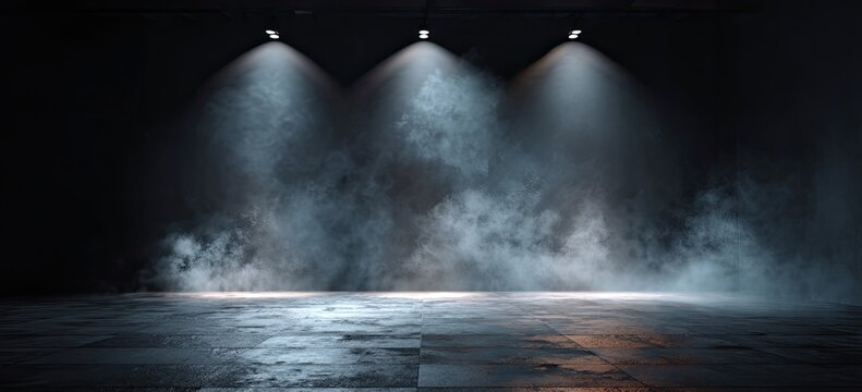 Lit stage with haze and tiled floor. Dark scene with bright stage lights and smoke
