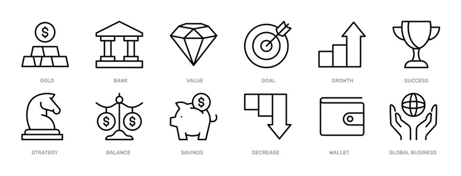 Business Finance thin line icon set. Financial Management, Economy, Money, Analytics, Dollar concept. Black outline vector icons collection.