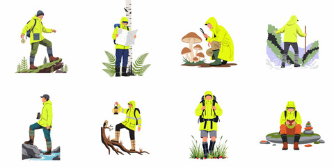 Obraz premium Flat illustration set of people in yellow jackets exploring nature through hiking, birdwatching, map reading, mushroom foraging, and outdoor activities.