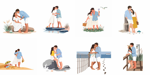 Fototapeta premium Set of romantic couple illustrations enjoying a summer vacation at the beach, featuring sweet moments of love and togetherness in a flat vector style.