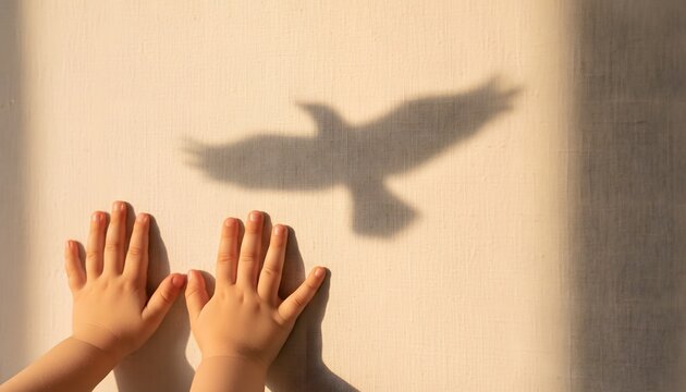 Childrens hands making shadow puppets of a bird on a wall during sunset for a creative imagination and freedom concept with warm cinematic golden hour lighting