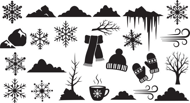 Winter weather icons and snowflakes in black
