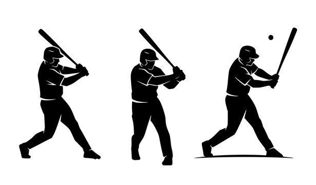 Baseball player swinging bat silhouettes vector set with multiple batting angles sports action illustration