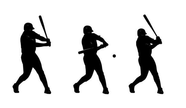 Three baseball players silhouette swinging bats action sports vector set batting poses illustration