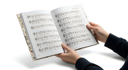 Fototapeta premium Person holding an open handwritten musical composition notebook against a white background
