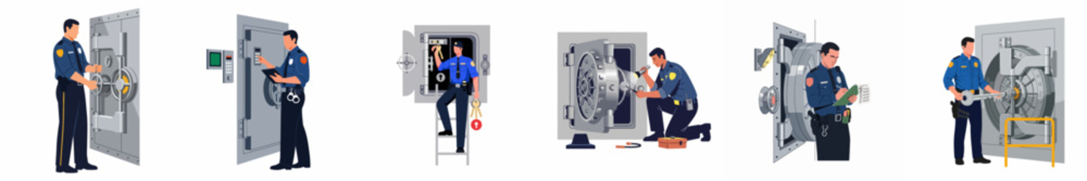Flat vector illustrations set of a police officer or security guard performing various tasks around large bank vault doors and safes.