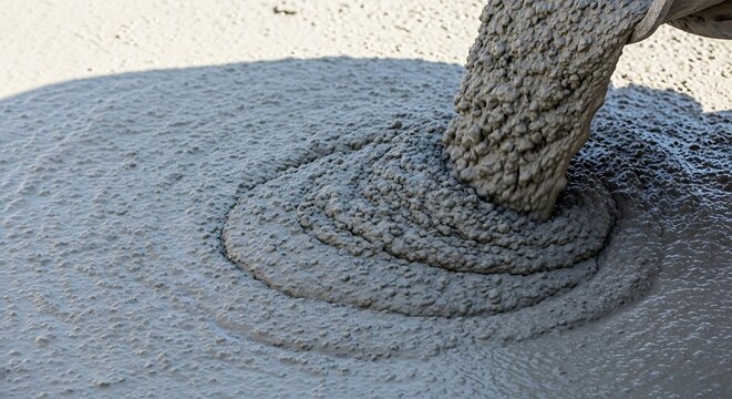 Close up of wet concrete pouring onto a construction site floor