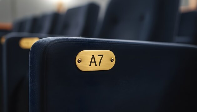 Close up of brass seat numbers on armrest in a dark empty auditorium for entertainment venue reservation concept featuring elegant theater seating