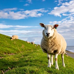 Fototapeta premium A sheep stands on a grassy hill, with others grazing and a blue sky above