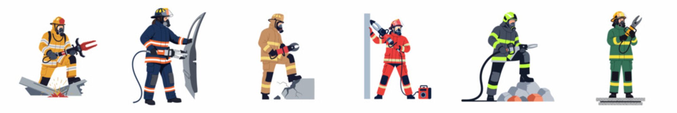 Set of flat illustrations showing firefighters using hydraulic rescue tools for emergency extrication in various protective uniforms and scenarios.