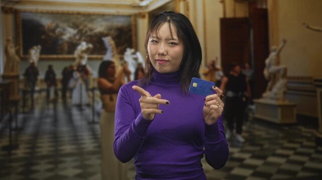 Woman holding blue creditcard and pointing raised index finger in museum gallery among classical sculptures, marble pedestals and checkered floor; confidence trust.