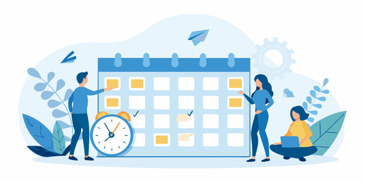 Team planning schedule and deadlines with a large calendar illustration