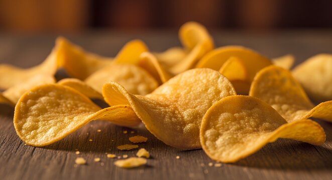 Potato chips on wooden surface, crispy snack, golden crunch