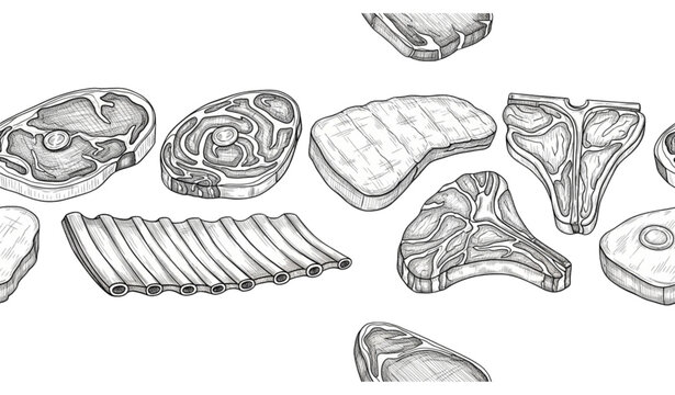Hand Drawn Beef Cuts Seamless Border Butcher Meat Sketch Vector Illustration