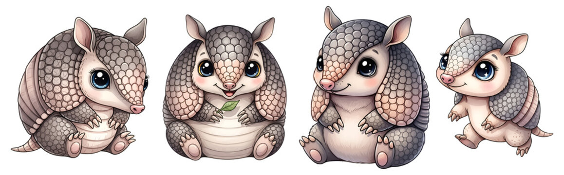 A set of cute armadillo cartoon characters on transparent background