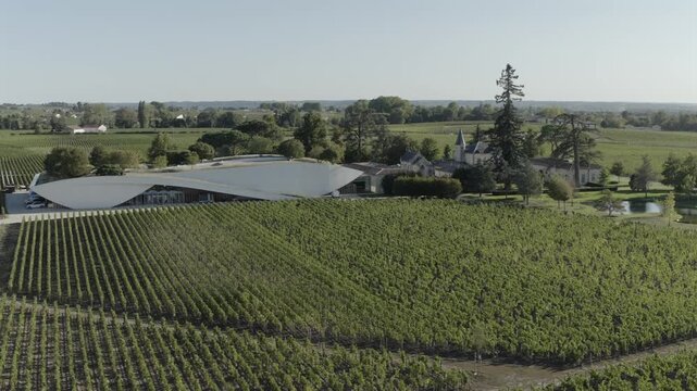 Modern architecture of Ch&acirc;teau Cheval Blanc winery next to traditional chateau, surrounded by vineyards in Saint-&Eacute;milion, France. Aerial drone